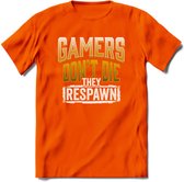 Gamers don't die T-shirt | Geel | Gaming kleding | Grappig game verjaardag cadeau shirt Heren – Dames – Unisex | - Oranje - XL