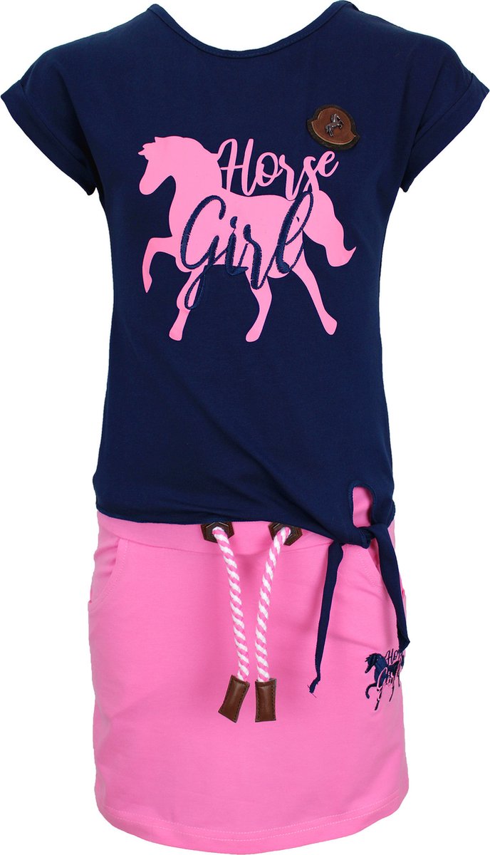 S&C Setje Horsegirl blauw Kids & Kind Meisjes Blauw/Roze - Maat: 98/104