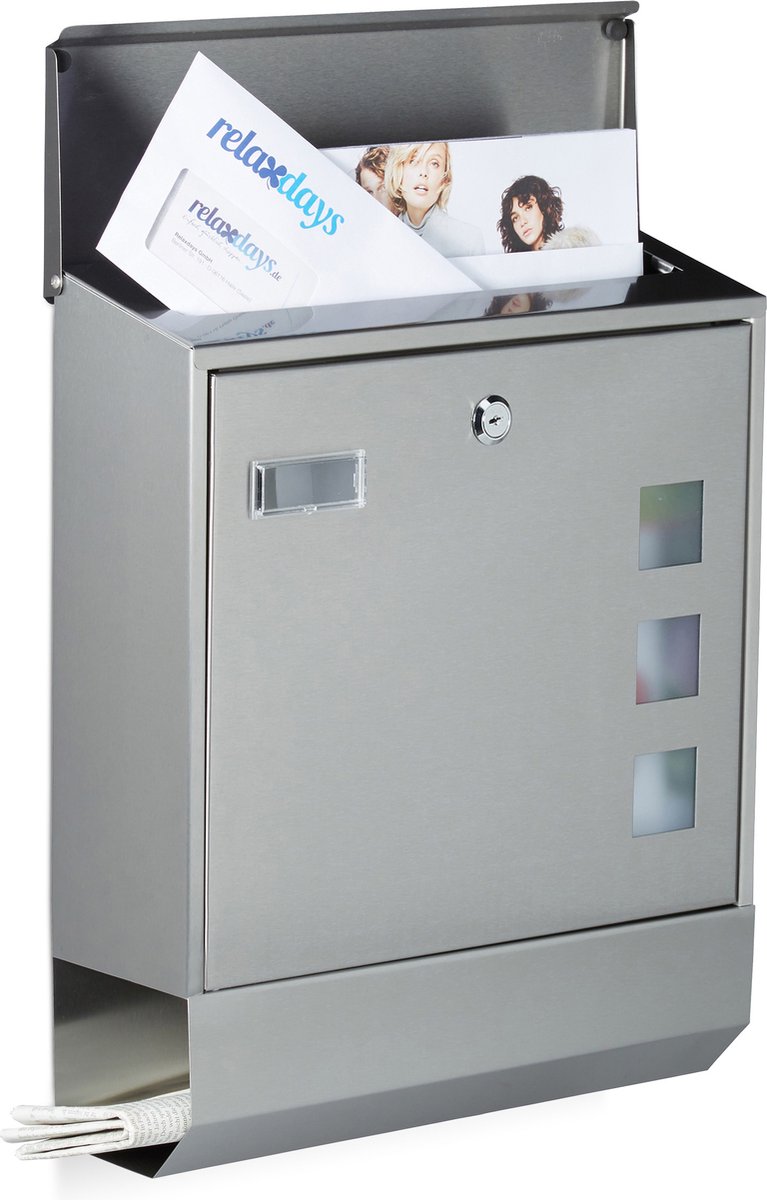 brievenbus hangend - rvs - met krantenrol - naambordje - 42 x 35 x 12,5 cm - buiten