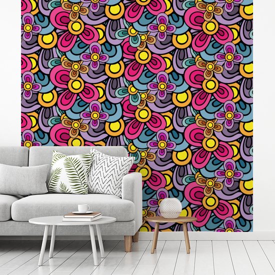 Behang - Fotobehang Patroon - Hippie - Bloemen - Paars - Breedte 220 cm x hoogte 220 cm