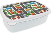 Broodtrommel Wit - Lunchbox - Brooddoos - Patronen - Auto - Huis - Jongens - Kinderen - Kids - 18x12x6 cm - Volwassenen
