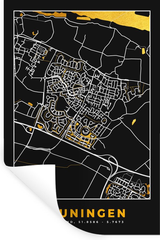 Stickers muraux - Beuningen - Black and Gold et Or - Carte - Plan d'étage - Plan de la ville - 40x60 cm - Film adhésif