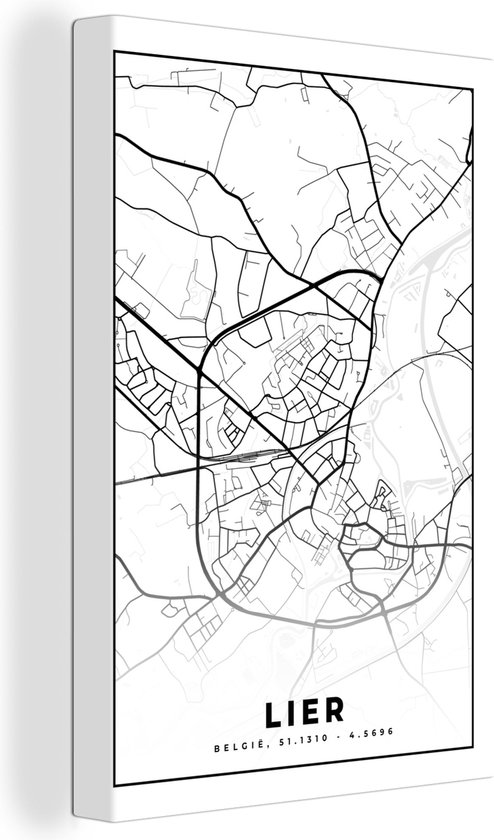 Canvas Schilderij België – Lier – Stadskaart – Kaart – Zwart Wit – Plattegrond - 80x120 cm - Wanddecoratie