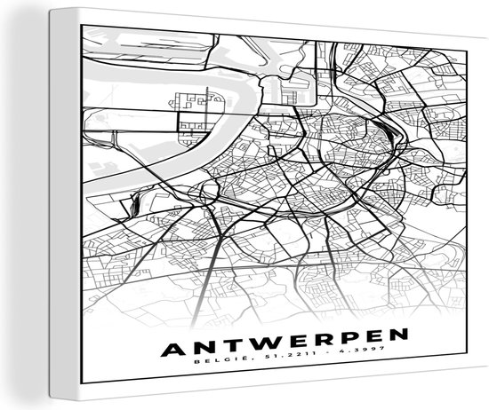 Canvas Schilderij België - Antwerpen - Stadskaart - Kaart - Zwart Wit - Plattegrond - Wanddecoratie