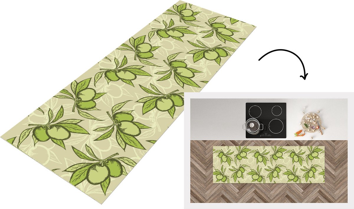 KitchenYeah Keukenloper - Loper keuken - Olijf - Bladeren - Vegan - Design - Vintage - Keukenloper vinyl, foto 4