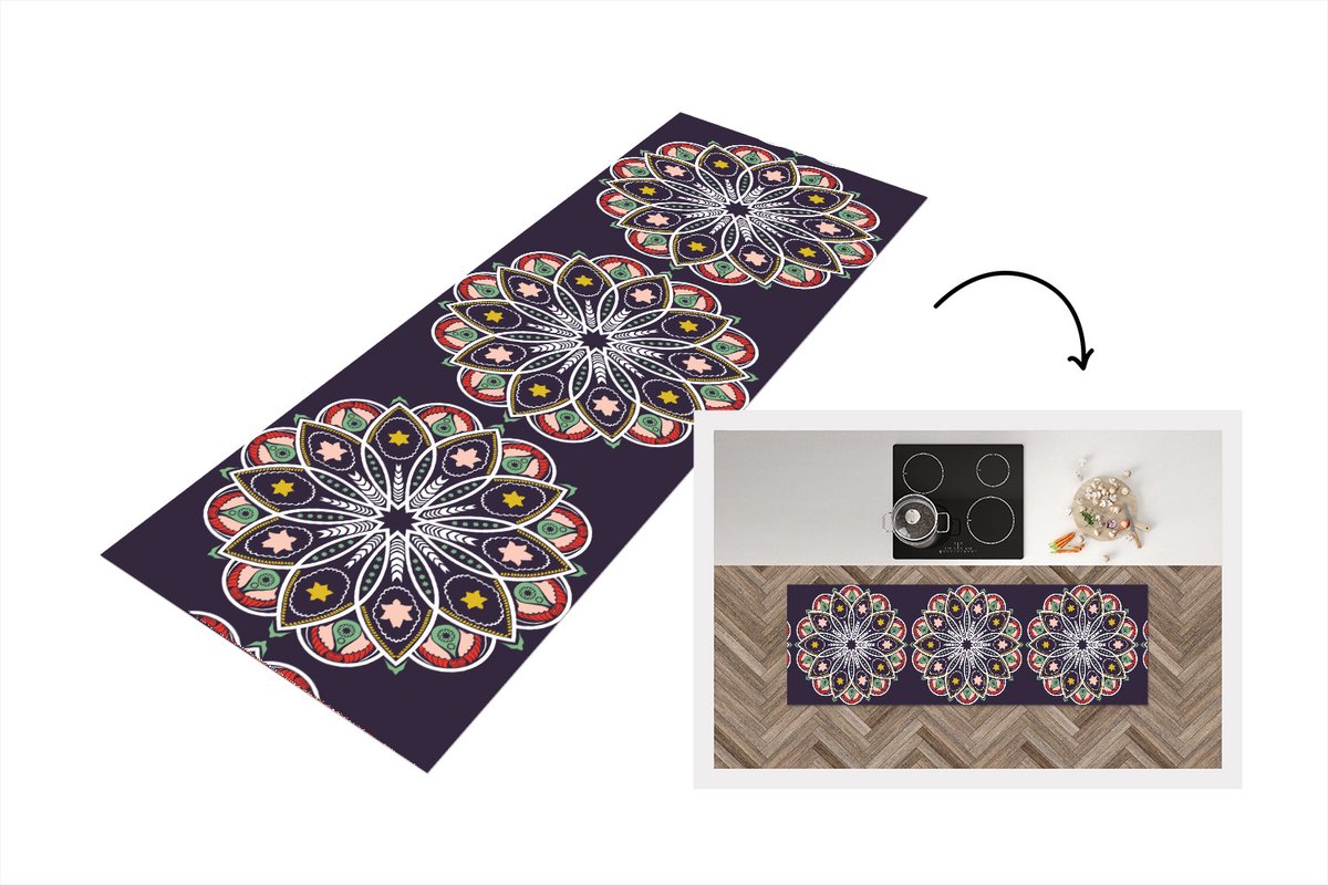 KitchenYeah Keukenloper - Loper keuken - Mandala - Ster - Design - 180x60 cm - Keukenloper vinyl Multicolor