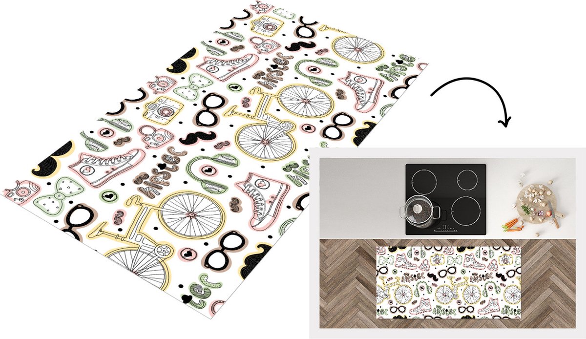 KitchenYeah Keukenloper - Loper keuken - Doodle - Koptelefoon - Patroon - 120x60 cm - Keukenloper vinyl Multicolor