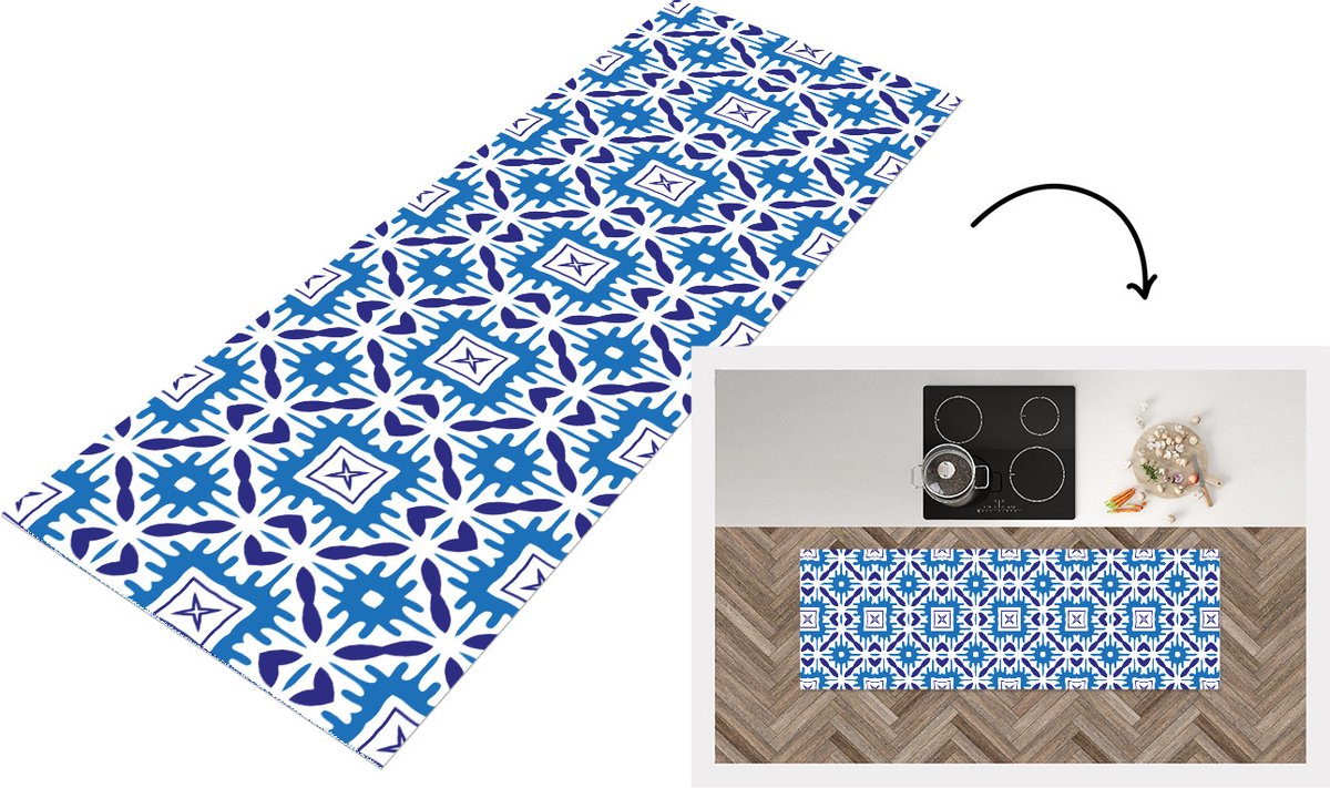 KitchenYeah Keukenloper - Loper keuken - Vector - Blauw - Tegels - Patronen - 180x60 cm - Keukenloper vinyl Multicolor
