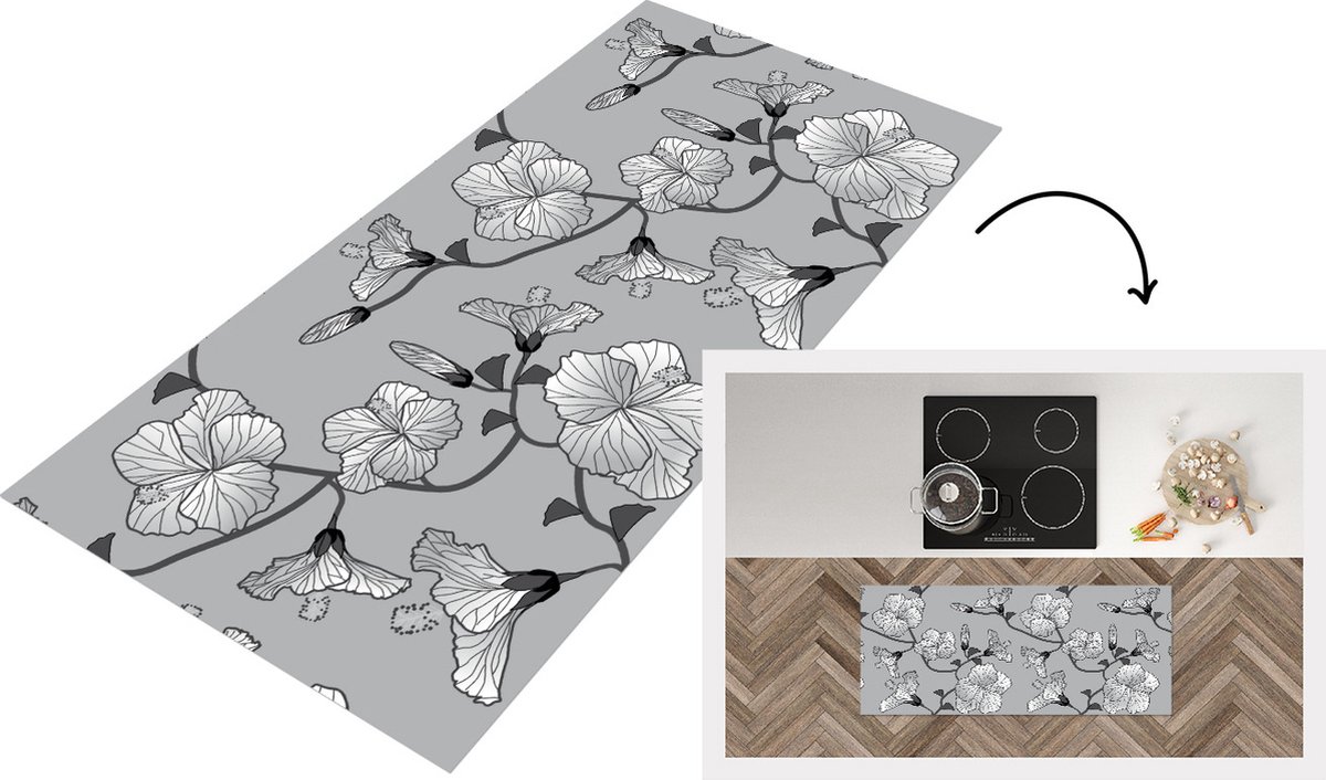 KitchenYeah Keukenloper - Loper keuken - Hibiscus - Grijs - Tropisch - Patroon - Keukenloper vinyl Multicolor