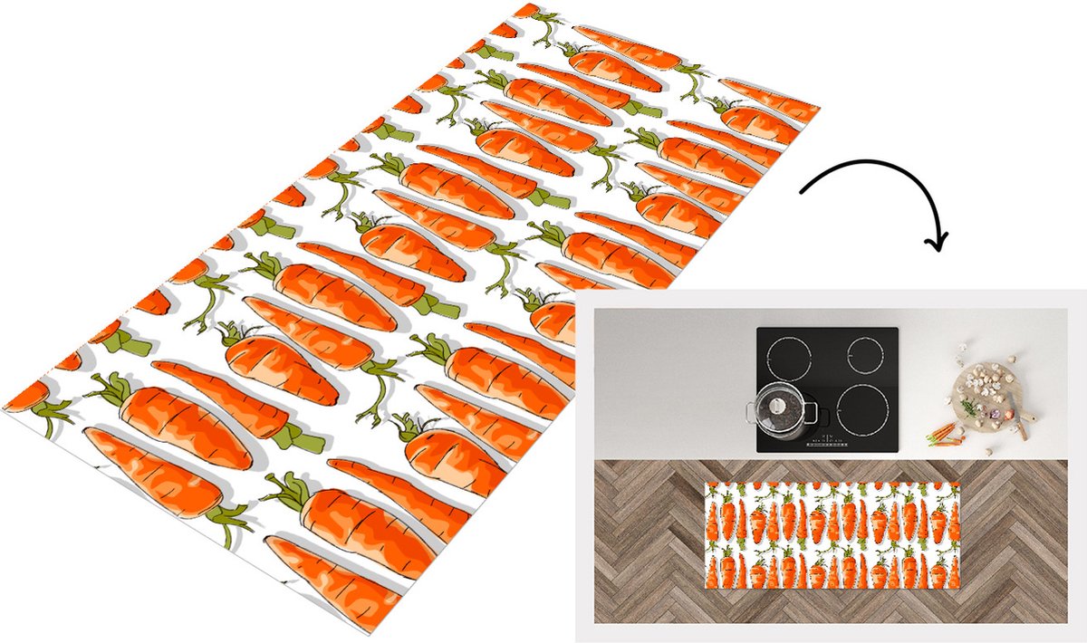 KitchenYeah Keukenloper - Loper keuken - Wortel - Groenten - Patronen - 120x50 cm - Keukenloper vinyl Multicolor