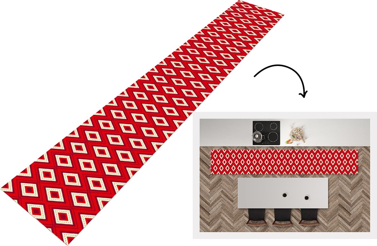 KitchenYeah Keukenloper - Loper keuken - Kerst - Patronen - Ruit - Rood - 300x50 cm - Keukenloper vinyl Multicolor