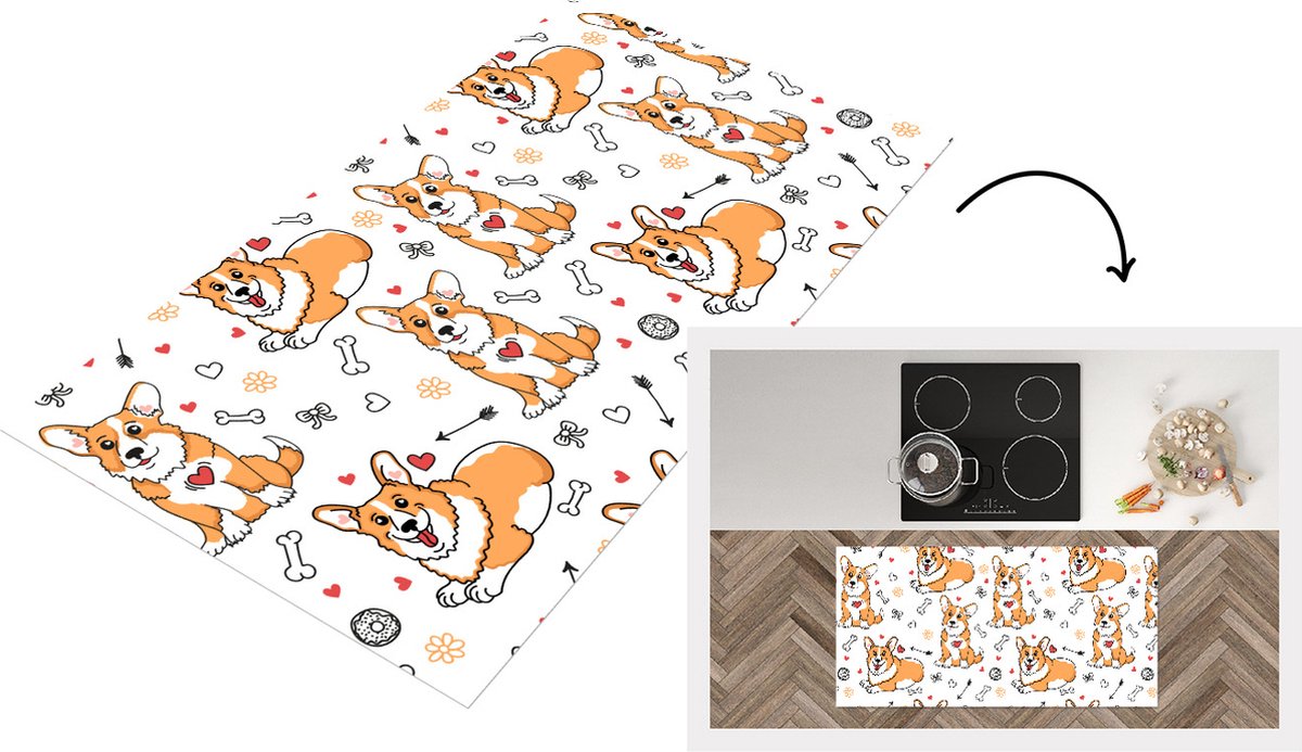 KitchenYeah Keukenloper - Loper keuken - Hond - Corgi - Patronen - 120x60 cm - Keukenloper vinyl Multicolor