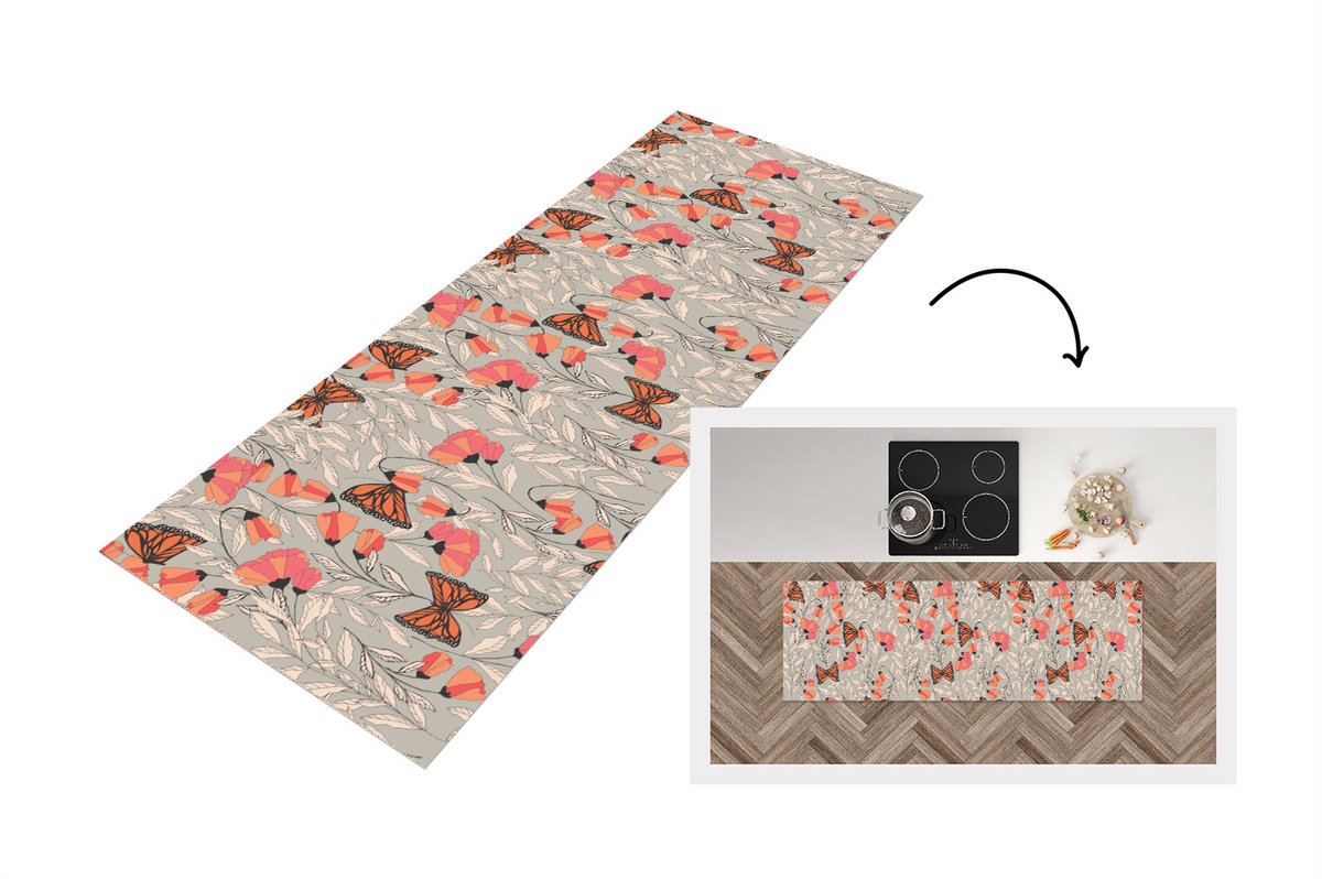 KitchenYeah Keukenloper - Loper keuken - Vlinders - Patronen - Bloemen - Dieren - 180x60 cm - Keukenloper vinyl Multicolor
