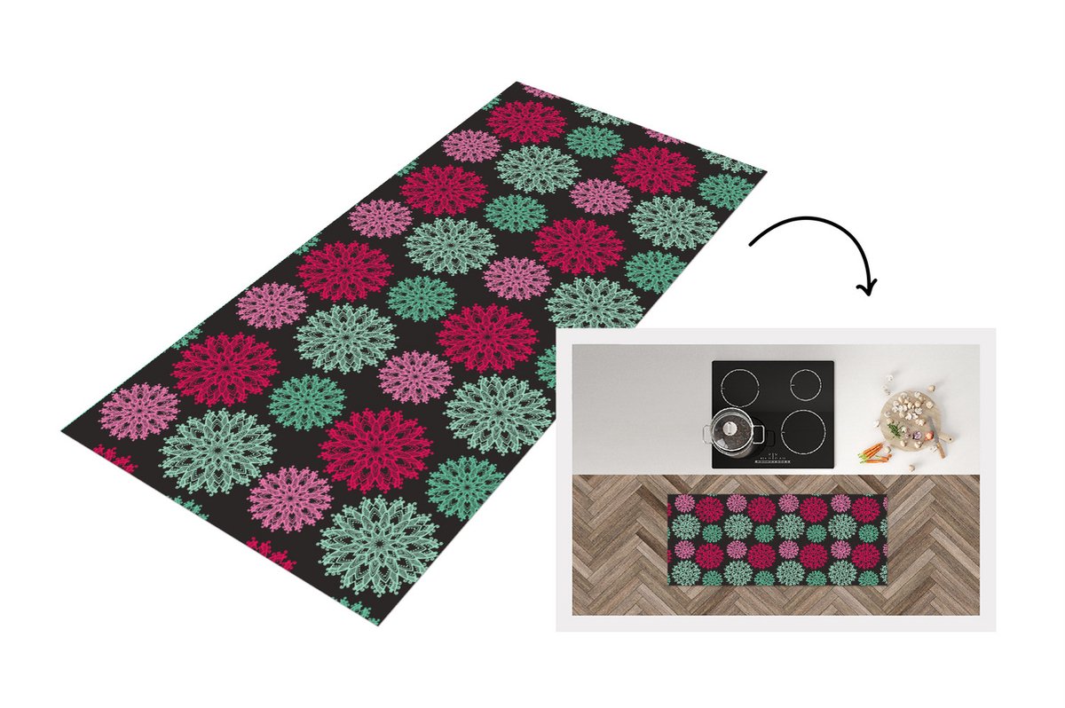 KitchenYeah Keukenloper - Loper keuken - Bloemen - Vintage - Roze - Turquoise - Patronen - 120x50 cm - Keukenloper vinyl Multicolor
