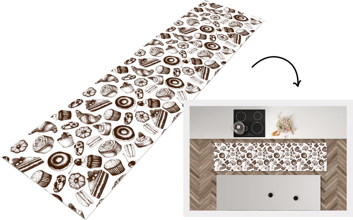 KitchenYeah Keukenloper - Loper keuken - Brood - Patisserie - Vintage - Design - 200x50 cm - Keukenloper vinyl Multicolor