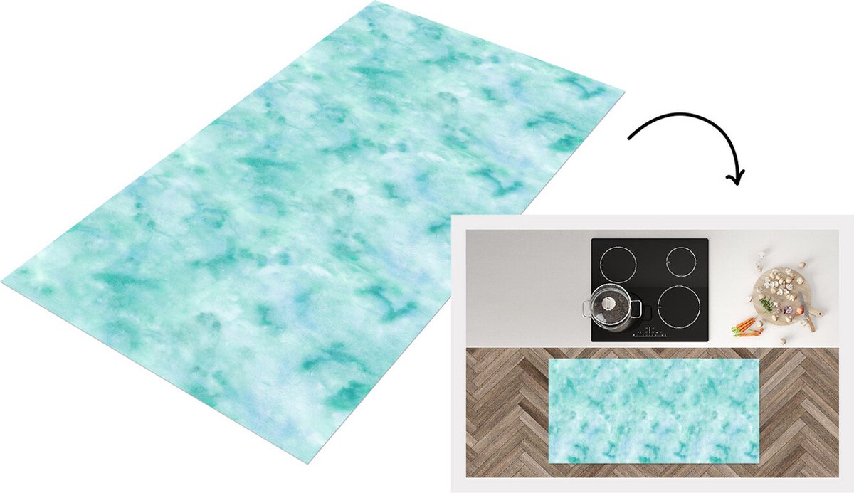KitchenYeah Keukenloper - Loper keuken - Waterverf - Patronen - Turquoise - Aqua - 120x60 cm - Keukenloper vinyl Multicolor