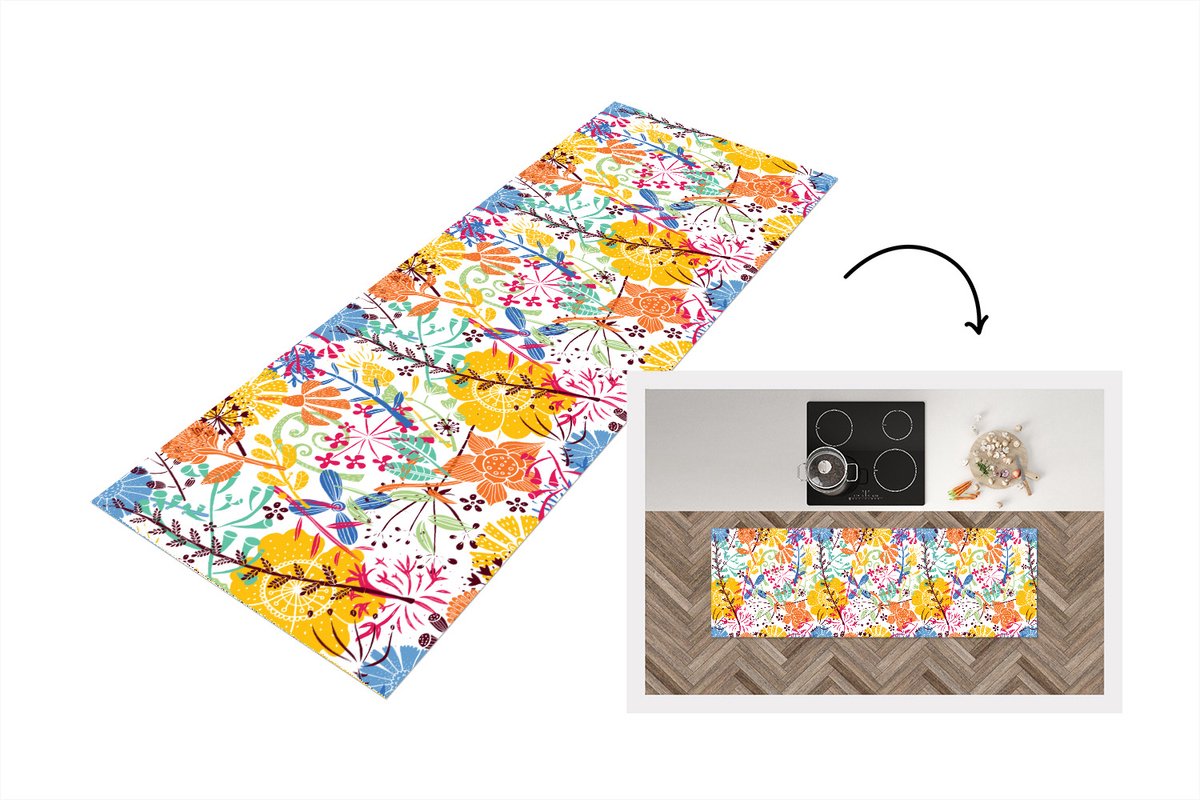 KitchenYeah Keukenloper - Loper keuken - Bloemen - Planten - Regenboog - Patronen - 180x60 cm - Keukenloper vinyl Multicolor
