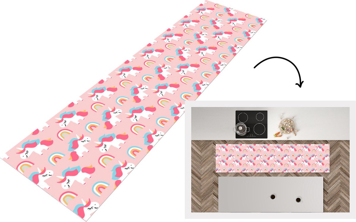 KitchenYeah Keukenloper - Loper keuken - Unicorn - Regenboog - Roze - Patroon - Keukenloper vinyl, foto 5