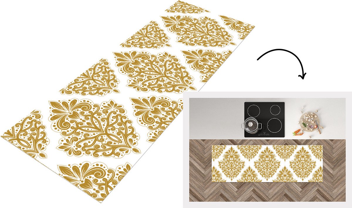 KitchenYeah Keukenloper - Loper keuken - Vintage - Bloemen - Goud - Patronen - 180x60 cm - Keukenloper vinyl Multicolor