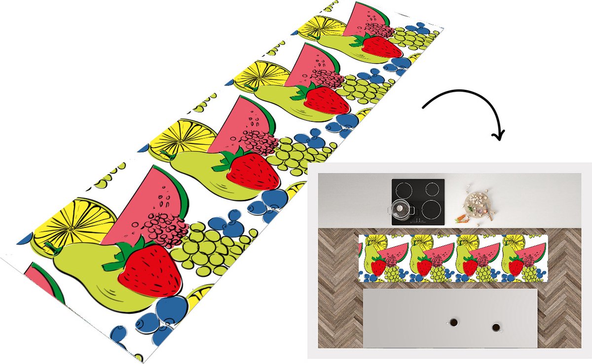 KitchenYeah Keukenloper - Loper keuken - Fruit - Cartoon - Patroon - 240x60 cm - Keukenloper vinyl Multicolor