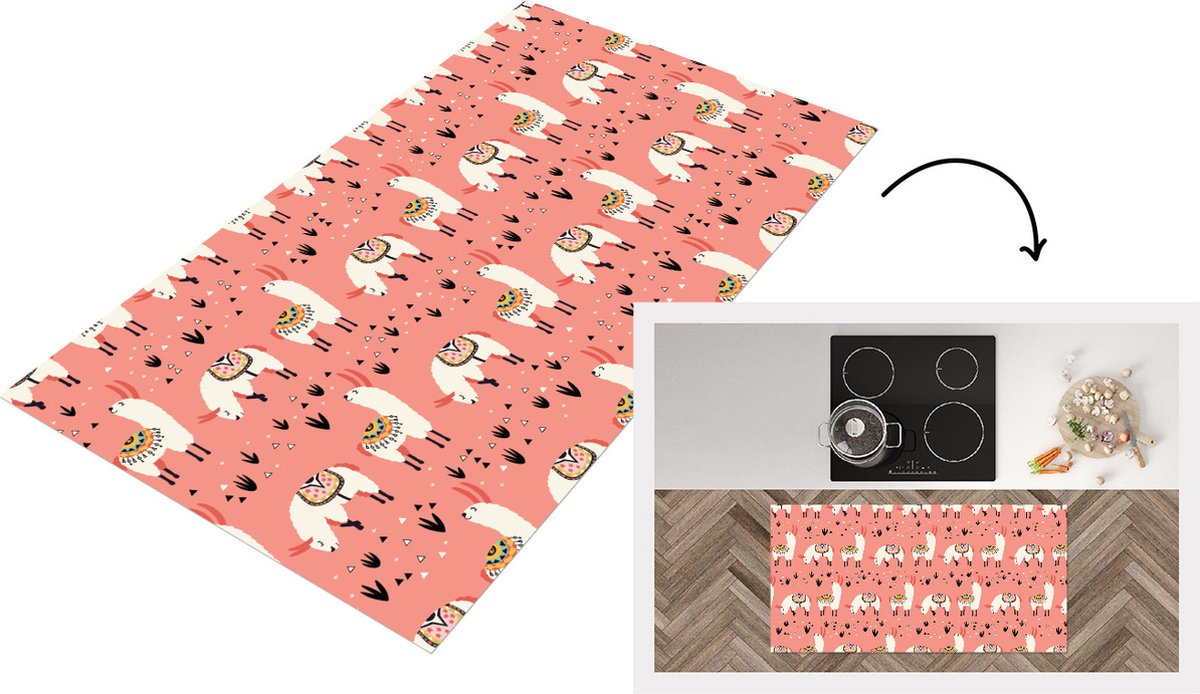 KitchenYeah Keukenloper - Loper keuken - Lama - Kinderen - Roze - Patroon - 120x60 cm - Keukenloper vinyl Multicolor