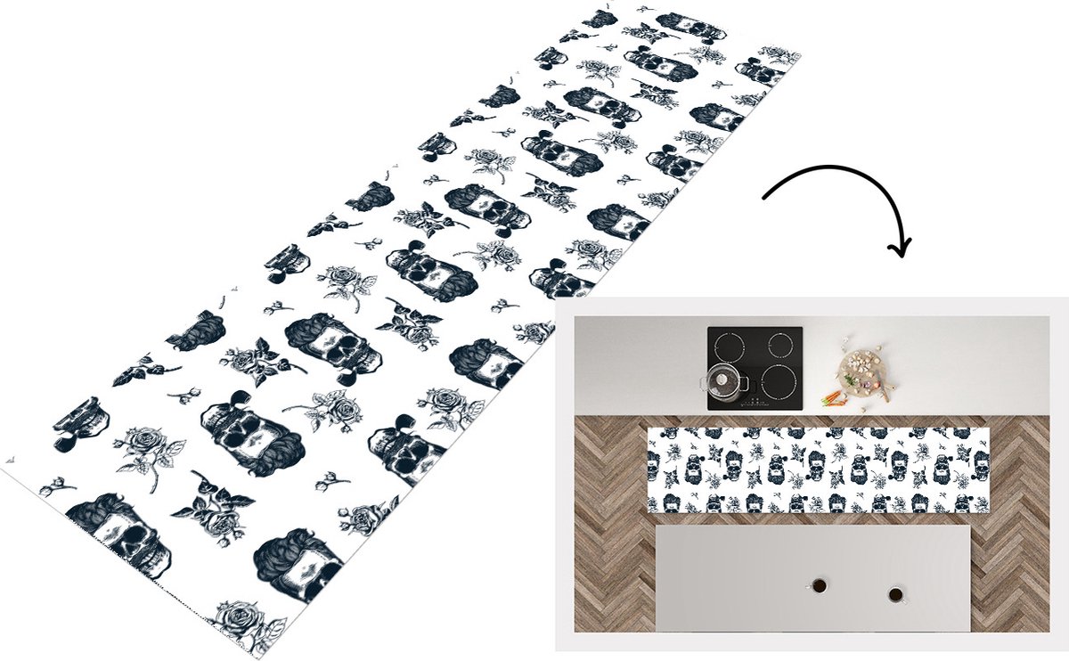 KitchenYeah Keukenloper - Loper keuken - Patronen - Schedel - Rozen - Piraten - 240x60 cm - Keukenloper vinyl Multicolor