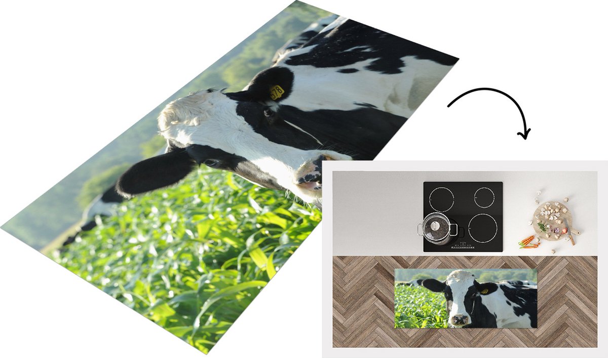 KitchenYeah Keukenloper - Loper keuken - Koe - Gras - Berg - Dieren - 120x50 cm - Keukenloper vinyl Multicolor