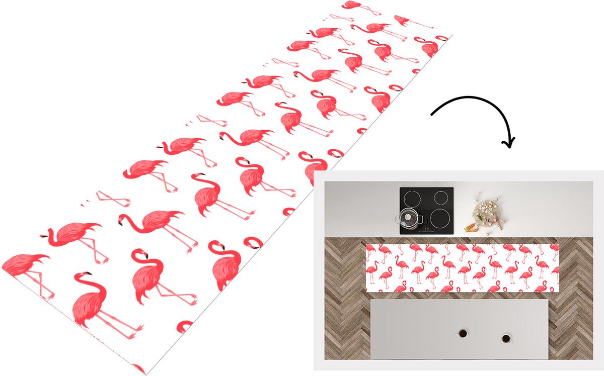 KitchenYeah Keukenloper - Loper keuken - Patroon - Flamingo - Vogel - 200x50 cm - Keukenloper vinyl Multicolor