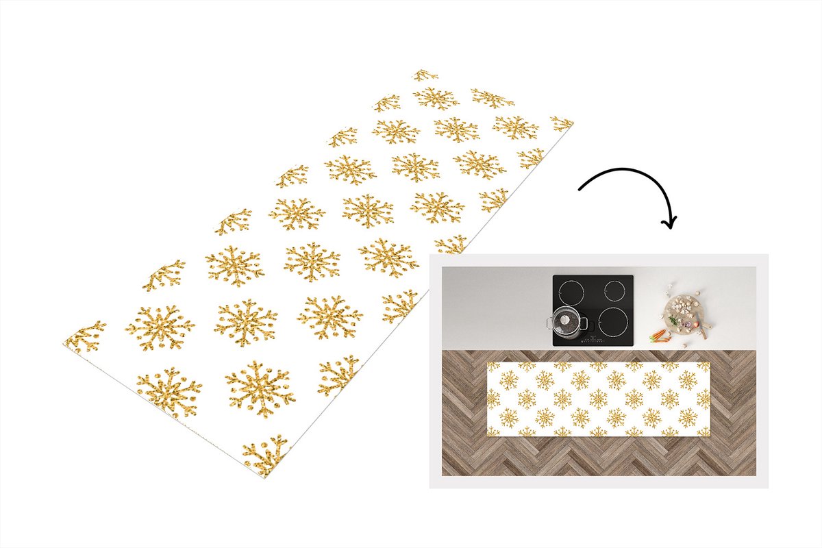 KitchenYeah Keukenloper - Loper keuken - Sneeuwvlok - Gold - Glitter - Kerstmis - Design - 150x50 cm - Keukenloper vinyl Multicolor