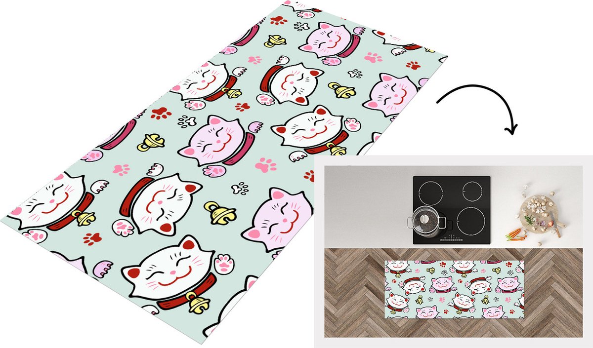 KitchenYeah Keukenloper - Loper keuken - Kat - Huisdieren - Patroon - 120x50 cm - Keukenloper vinyl Multicolor