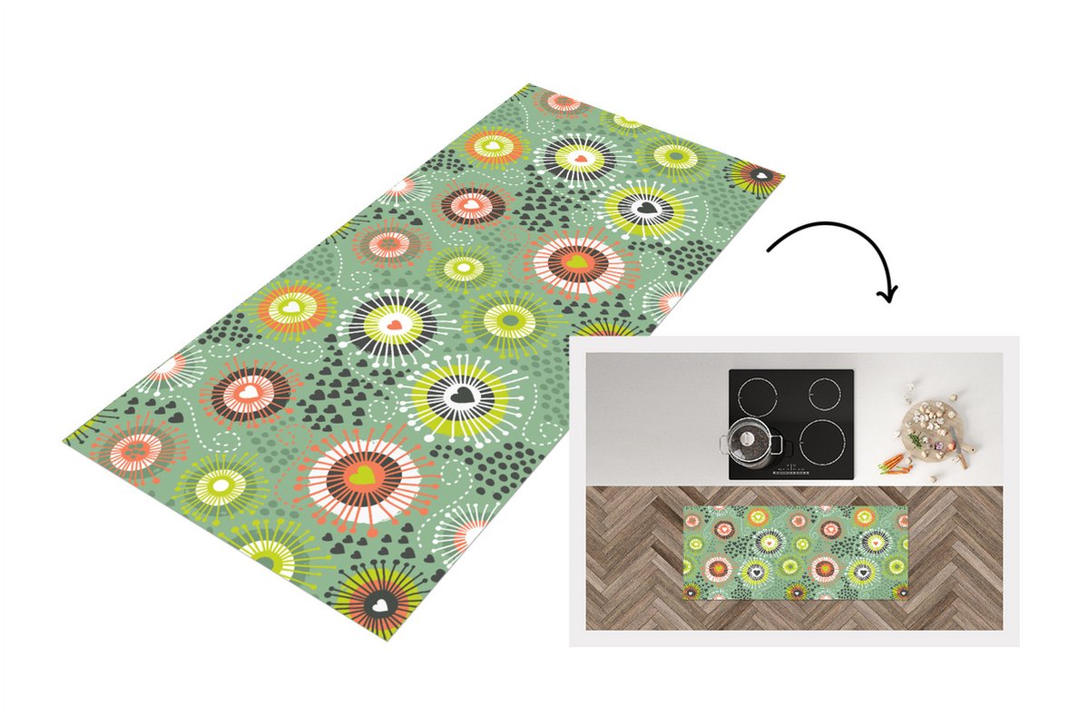 KitchenYeah Keukenloper - Loper keuken - Bloem - Design - Hartjes - 120x50 cm - Keukenloper vinyl Multicolor