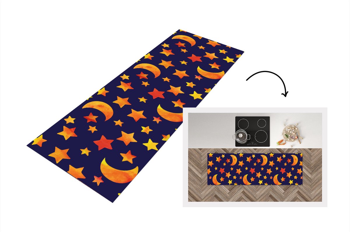 KitchenYeah Keukenloper - Loper keuken - Sterren - Nacht - Patronen - Kind - 180x60 cm - Keukenloper vinyl Multicolor