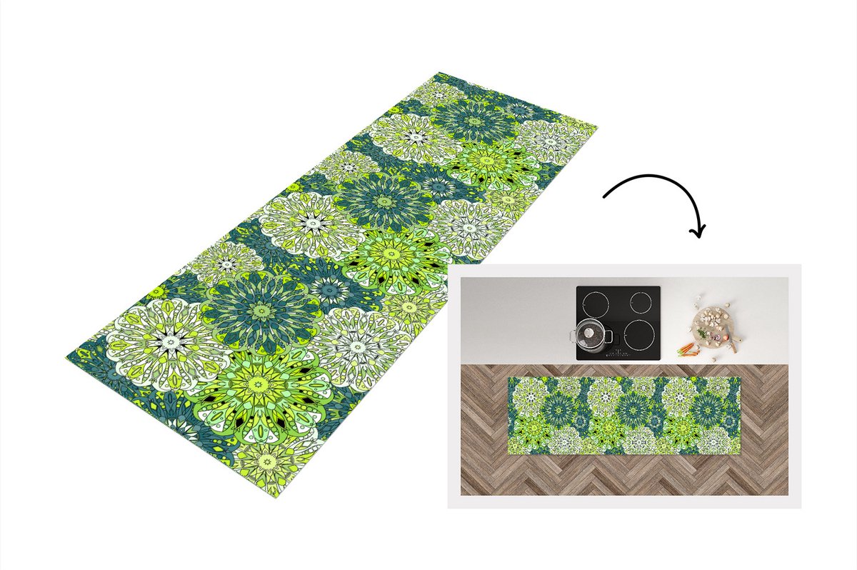Keukenloper - Loper keuken - Mandala - Limoen - Groen - Patronen - 150x50 cm - Keukenloper vinyl