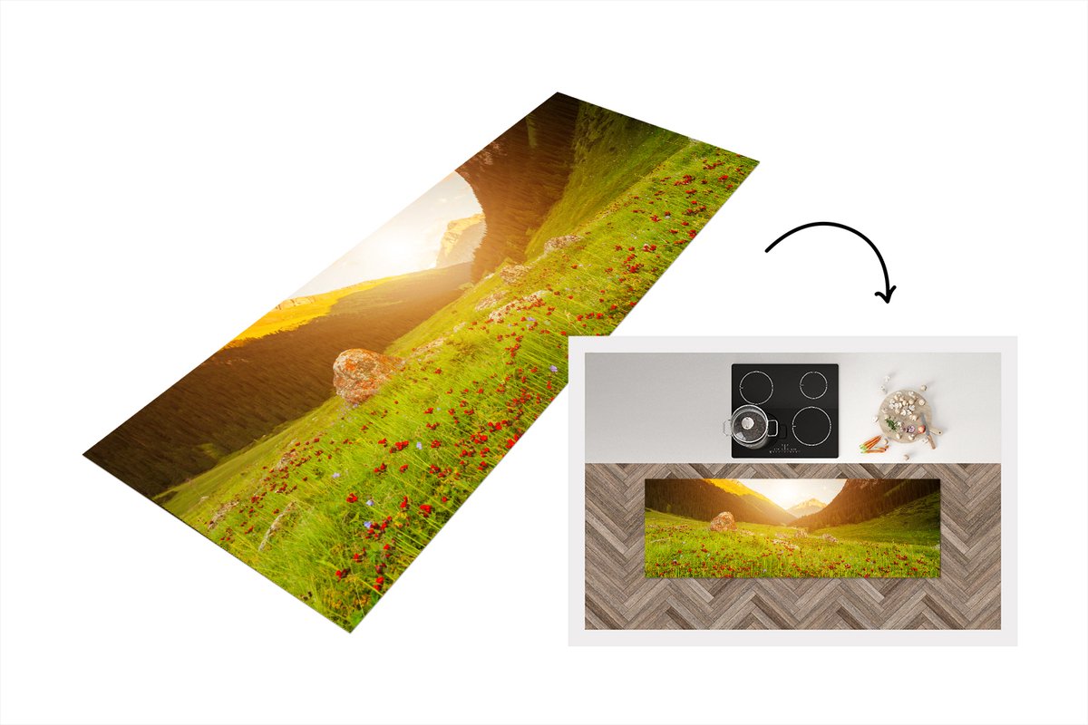 KitchenYeah Keukenloper - Loper keuken - Bloemen - Berg - Zon - Keukenloper vinyl multicolor, foto 4