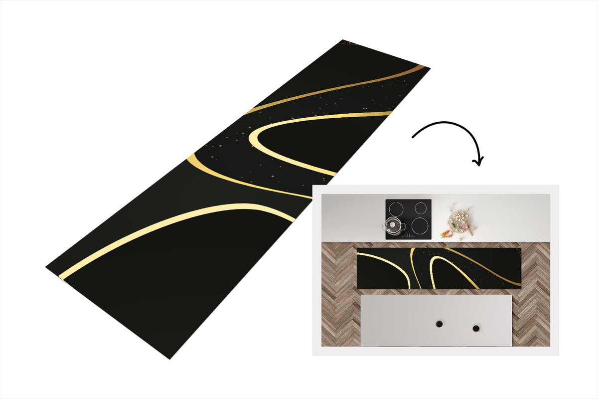 KitchenYeah Keukenloper - Loper keuken - Gouden golven op een zwarte achtergrond - 200x50 cm - Keukenloper vinyl Multicolor
