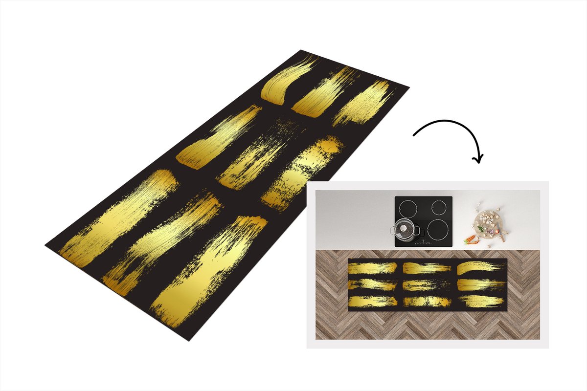 KitchenYeah Keukenloper - Loper keuken - Gouden strepen op een zwarte achtergrond - 150x50 cm - Keukenloper vinyl Multicolor