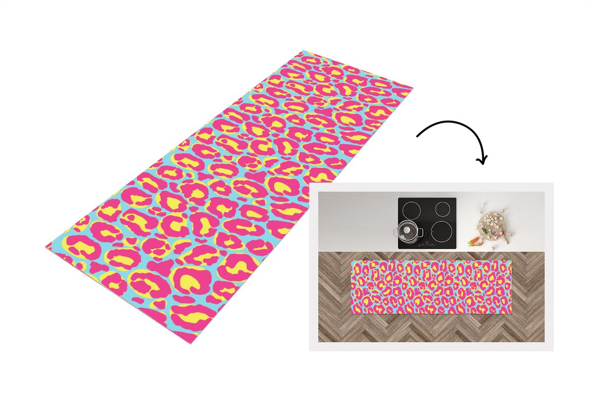 KitchenYeah Keukenloper - Loper keuken - Panterprint - Roze - Geel - Patroon - 150x50 cm - Keukenloper vinyl Multicolor