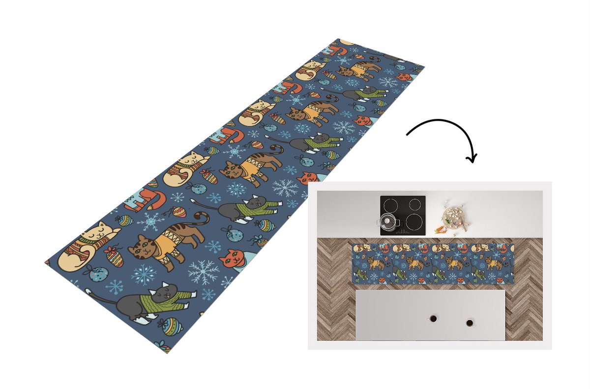 KitchenYeah Keukenloper - Loper keuken - Kat - Dieren - Kerst - Patroon - 240x60 cm - Keukenloper vinyl Multicolor