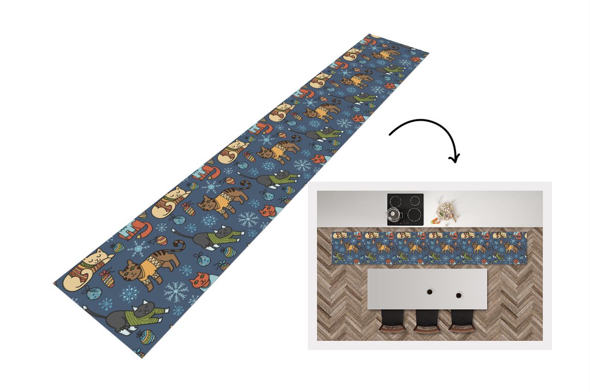 KitchenYeah Keukenloper - Loper keuken - Kat - Dieren - Kerst - Patroon - 300x50 cm - Keukenloper vinyl Multicolor