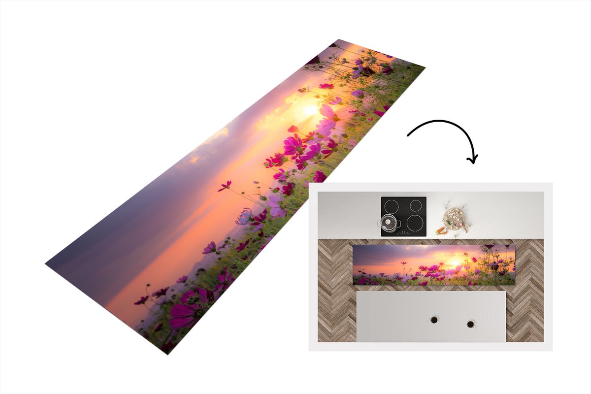 KitchenYeah Keukenloper - Loper keuken - Zonsondergang - Bloemen - Roze - 240x60 cm - Keukenloper vinyl Multicolor