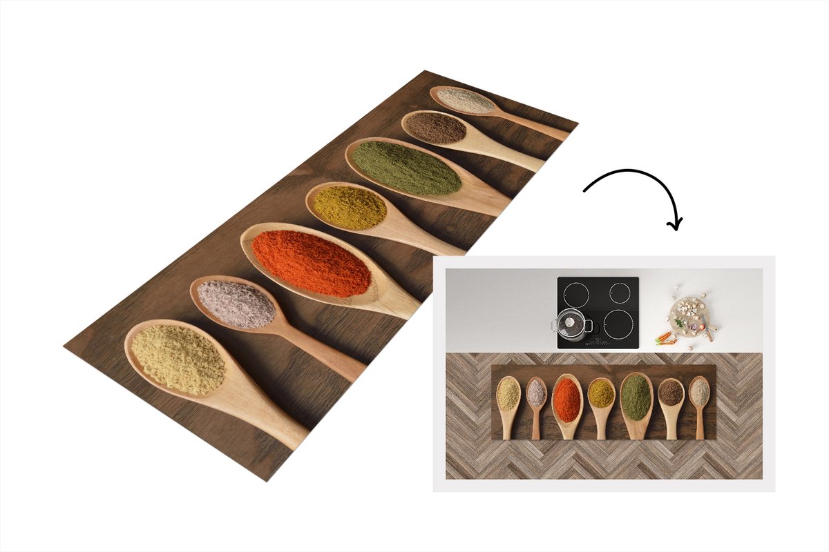 KitchenYeah Keukenloper - Loper keuken - Pollepel - Kruiden - Eten - 180x60 cm - Keukenloper vinyl Multicolor