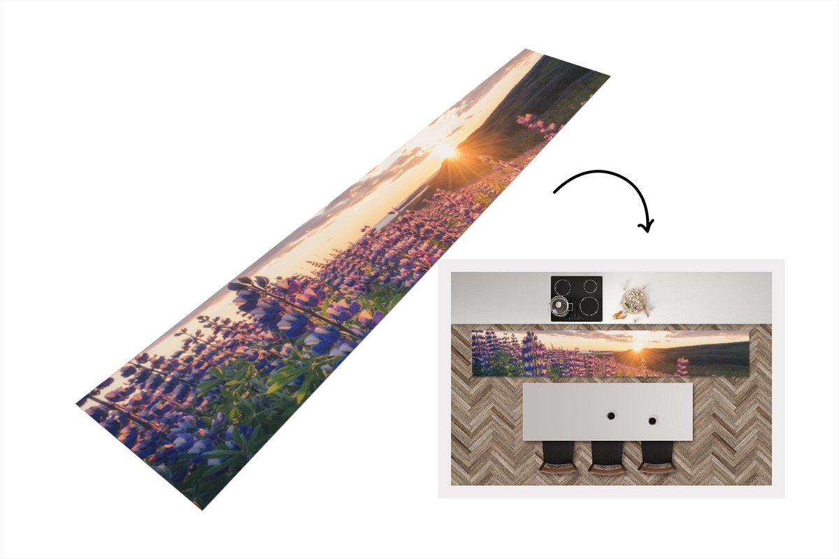 KitchenYeah Keukenloper - Loper keuken - Lupine - Zon - Paars - 300x50 cm - Keukenloper vinyl Multicolor