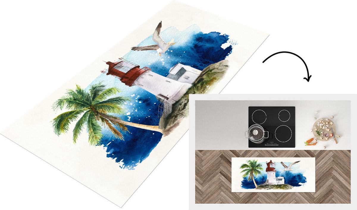 KitchenYeah Keukenloper - Loper keuken - Vuurtoren - Palmboom - Vogel - 120x50 cm - Keukenloper vinyl Multicolor