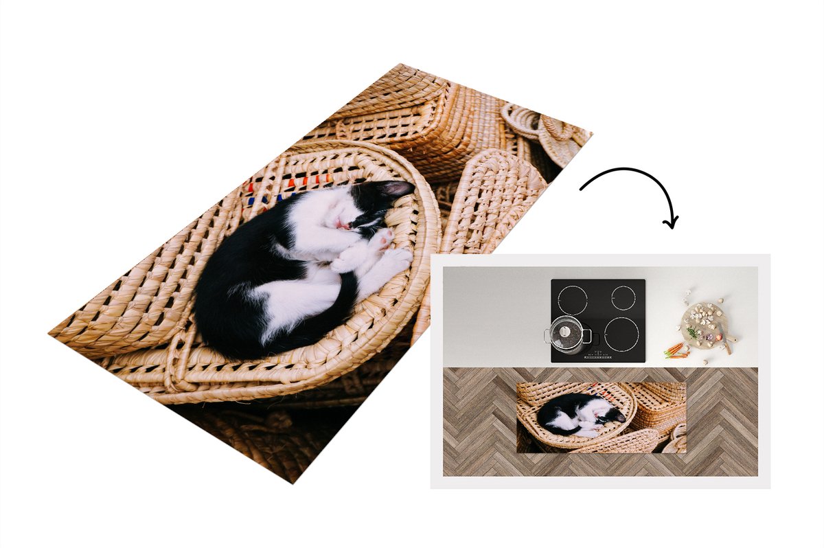 KitchenYeah Keukenloper - Loper keuken - Kat - Mand - Zwart - Wit - 120x50 cm - Keukenloper vinyl Multicolor