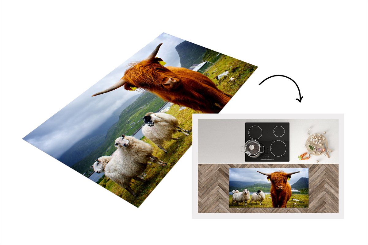 KitchenYeah Keukenloper - Loper keuken - Schotse hooglander - Licht - Schapen - 120x60 cm - Keukenloper vinyl Multicolor