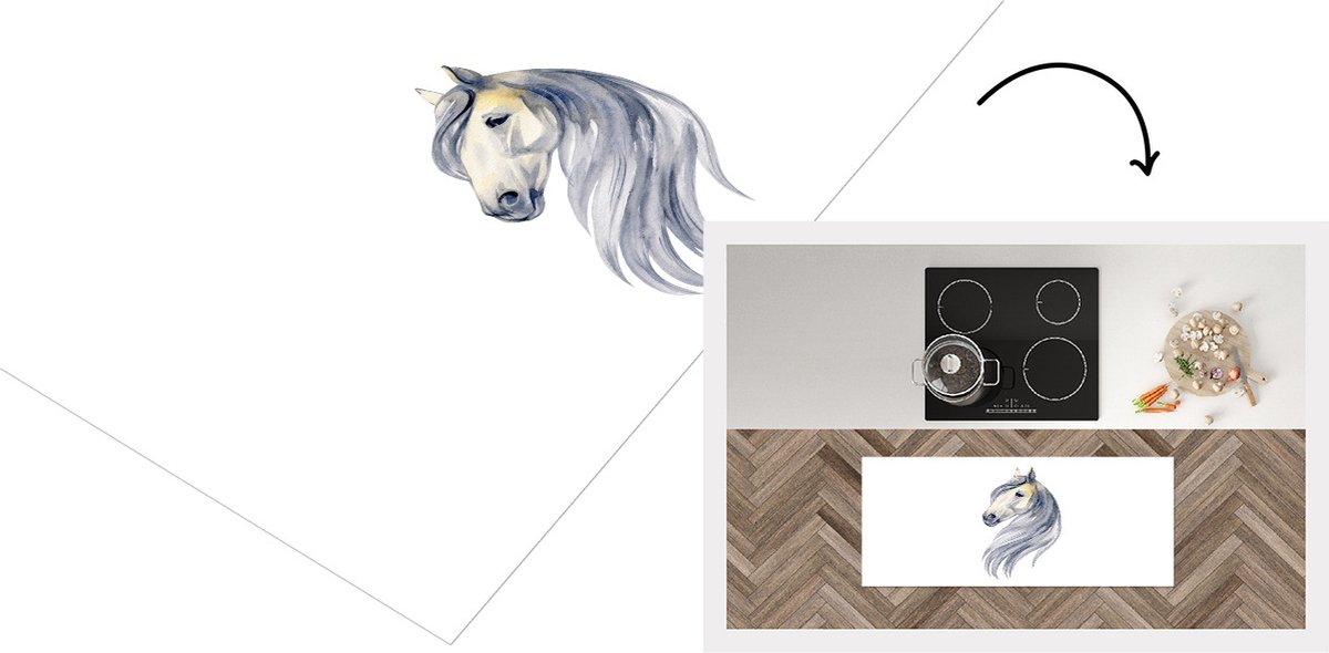 Keukenloper - Loper keuken - Paard - Waterverf - Wit - 120x50 cm - Keukenloper vinyl