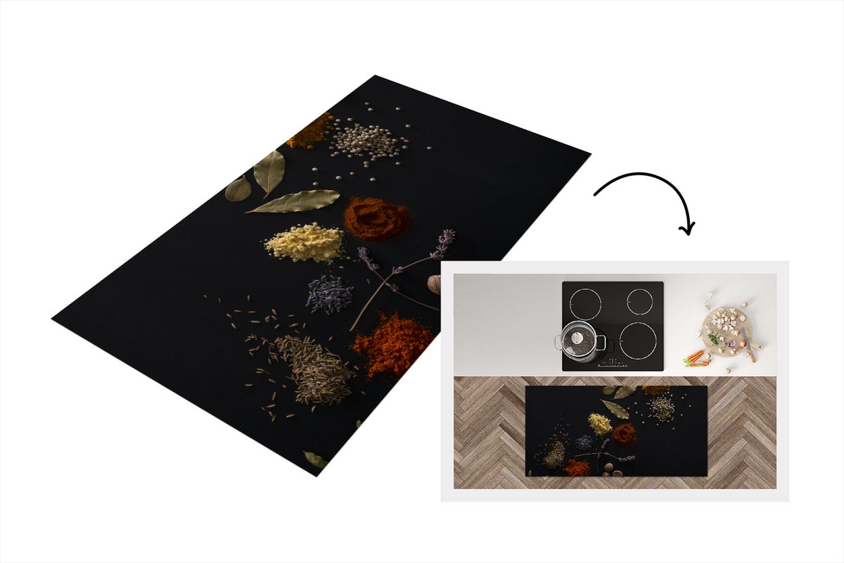 KitchenYeah Keukenloper - Loper keuken - Verschillende kruiden tegen zwarte achtergrond - 120x60 cm - Keukenloper vinyl Multicolor