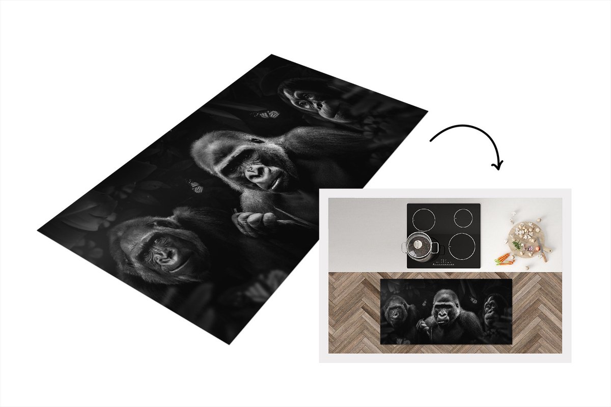 KitchenYeah Keukenloper - Loper keuken - Panorama met gorilla's en vlinders in de jungle - zwart wit - 120x60 cm - Keukenloper vinyl Zwart; Wit