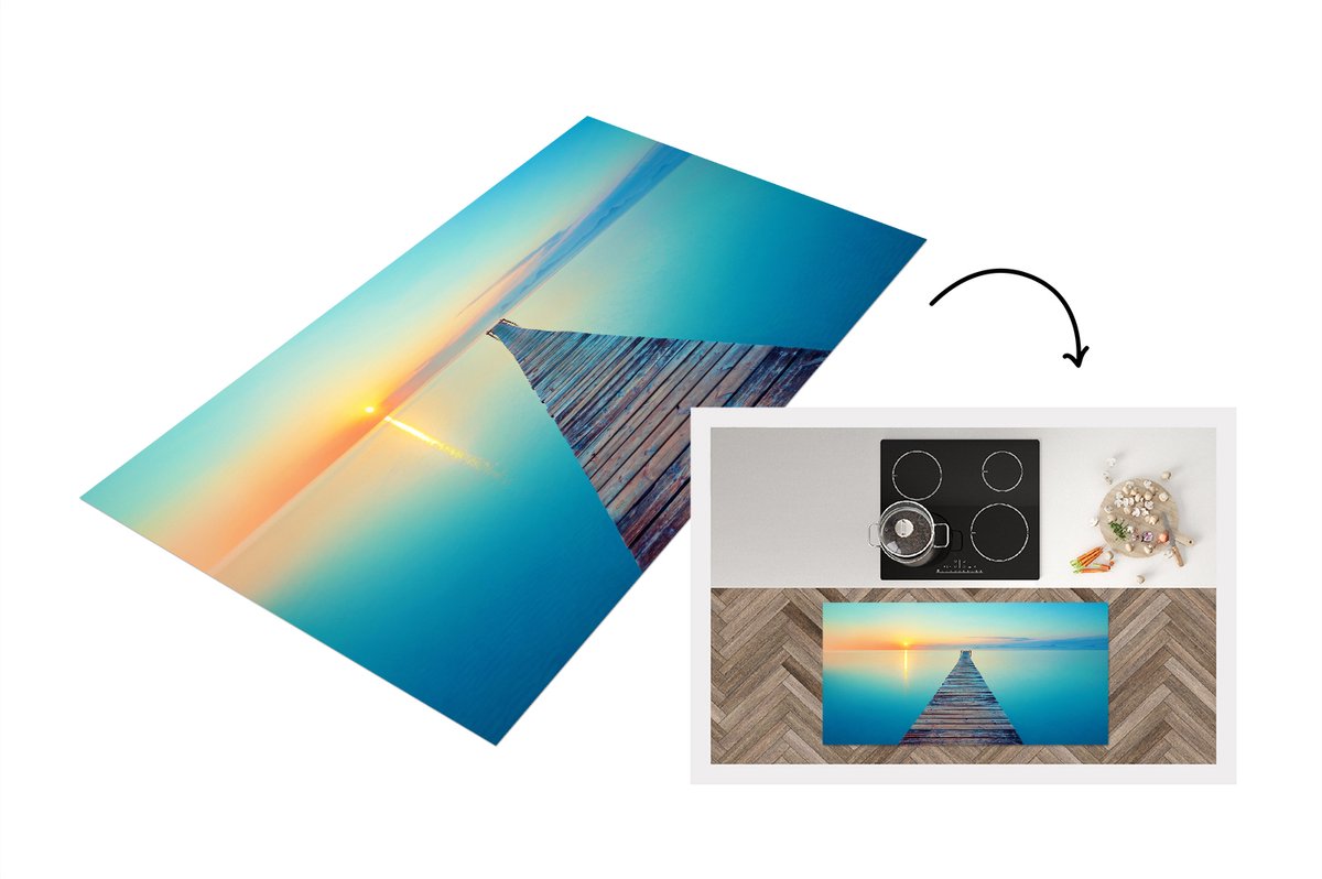 KitchenYeah Keukenloper - Loper keuken - Zee - Zonsondergang - Steiger - 120x60 cm - Keukenloper vinyl Multicolor