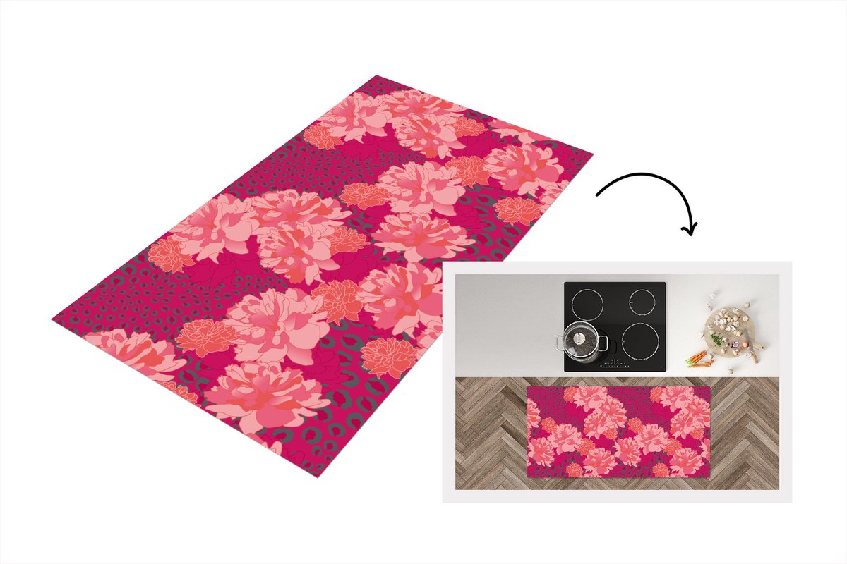 KitchenYeah Keukenloper - Loper keuken - Luipaard - Dierenprint - Pioenroos - Patroon - 120x60 cm - Keukenloper vinyl Multicolor